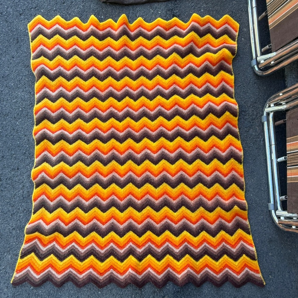 Vintage Handmade Wool Throw Blanket Retro 70s Chevron Stripe Orange Brown 44x32